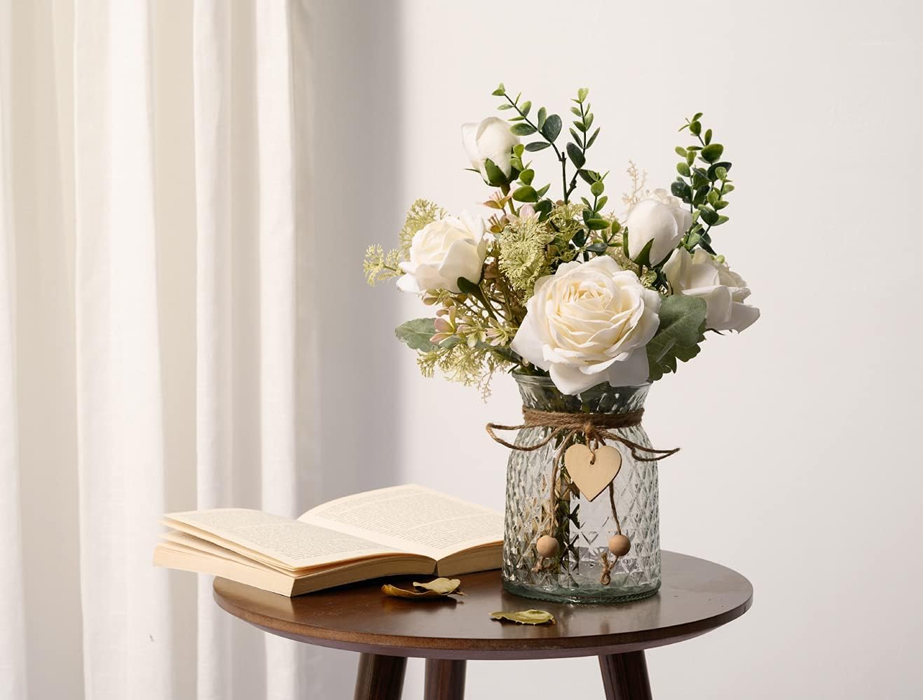 Artificial Roses in Vase – Faux Floral Centerpiece, White