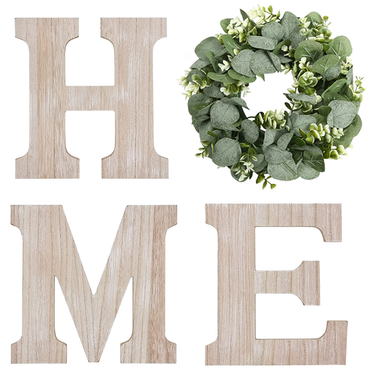 Wood Home Sign – Farmhouse Wall Decor with Eucalyptus Wreath