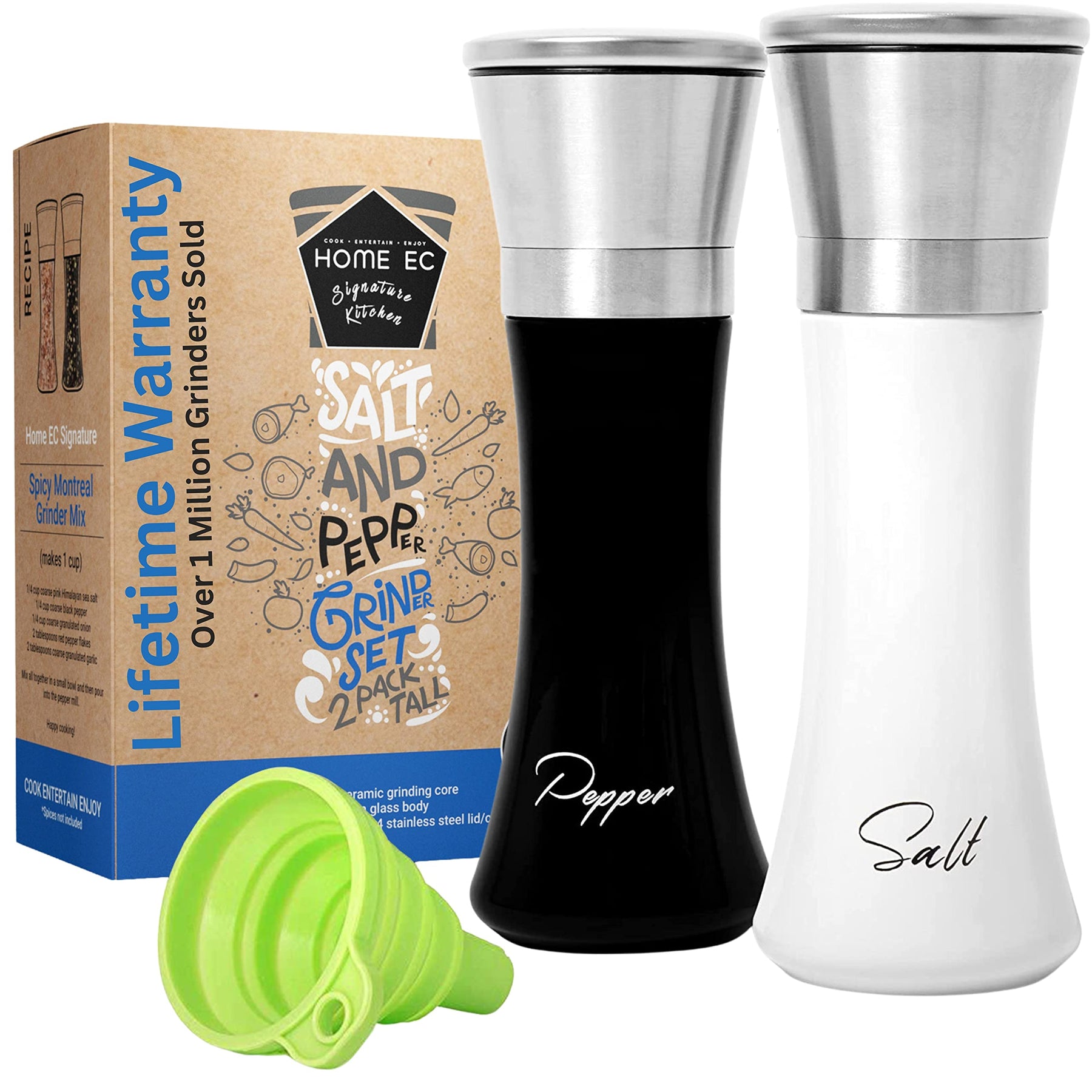 Salt & Pepper Grinder Set – Adjustable Ceramic, Glass Shakers, Funnel Included