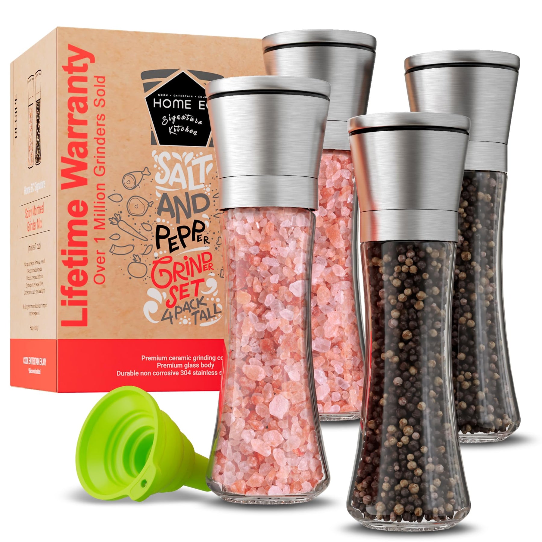 Salt & Pepper Grinder Set – Adjustable Ceramic, Glass Shakers, Funnel Included
