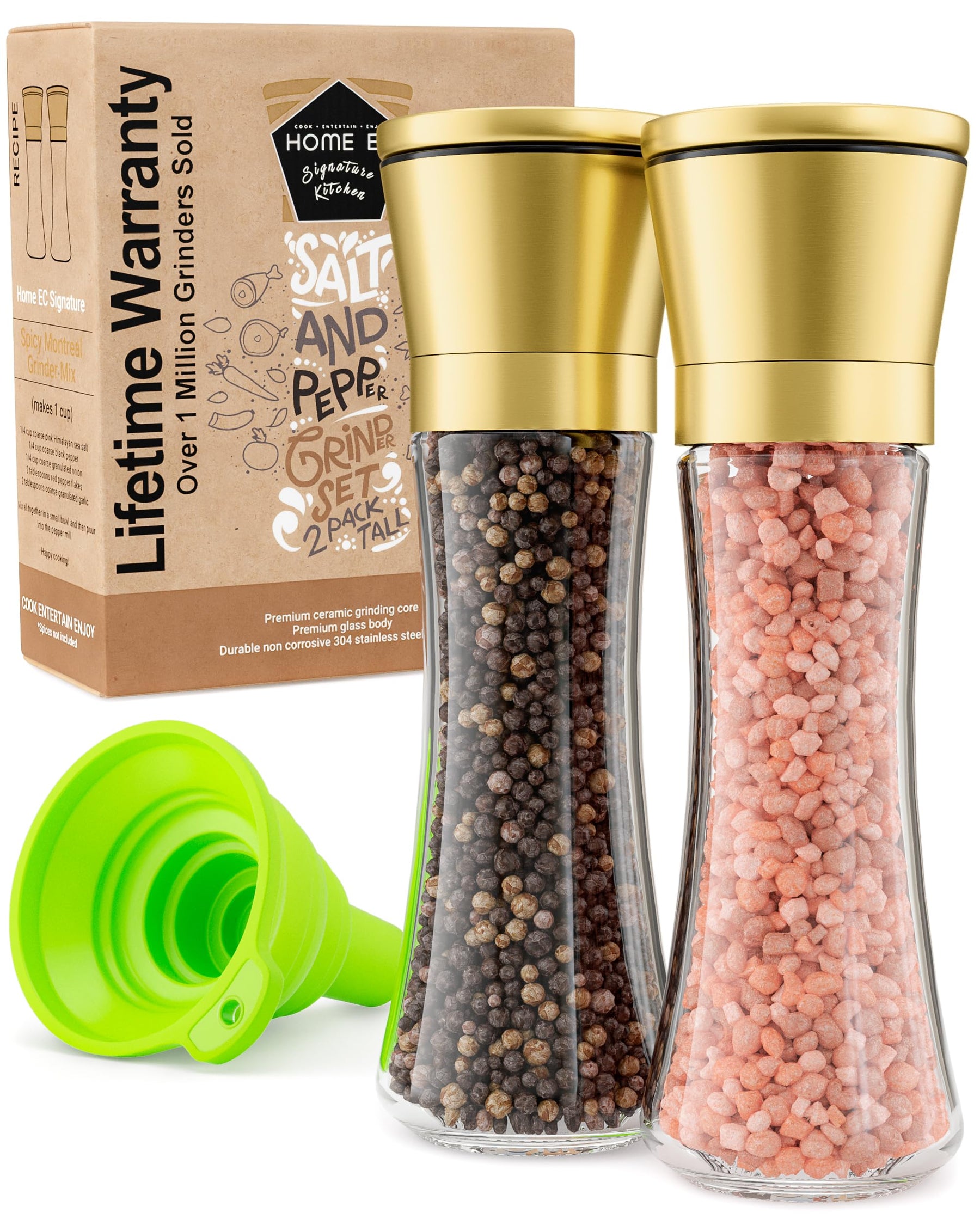 Salt & Pepper Grinder Set – Adjustable Ceramic, Glass Shakers, Funnel Included