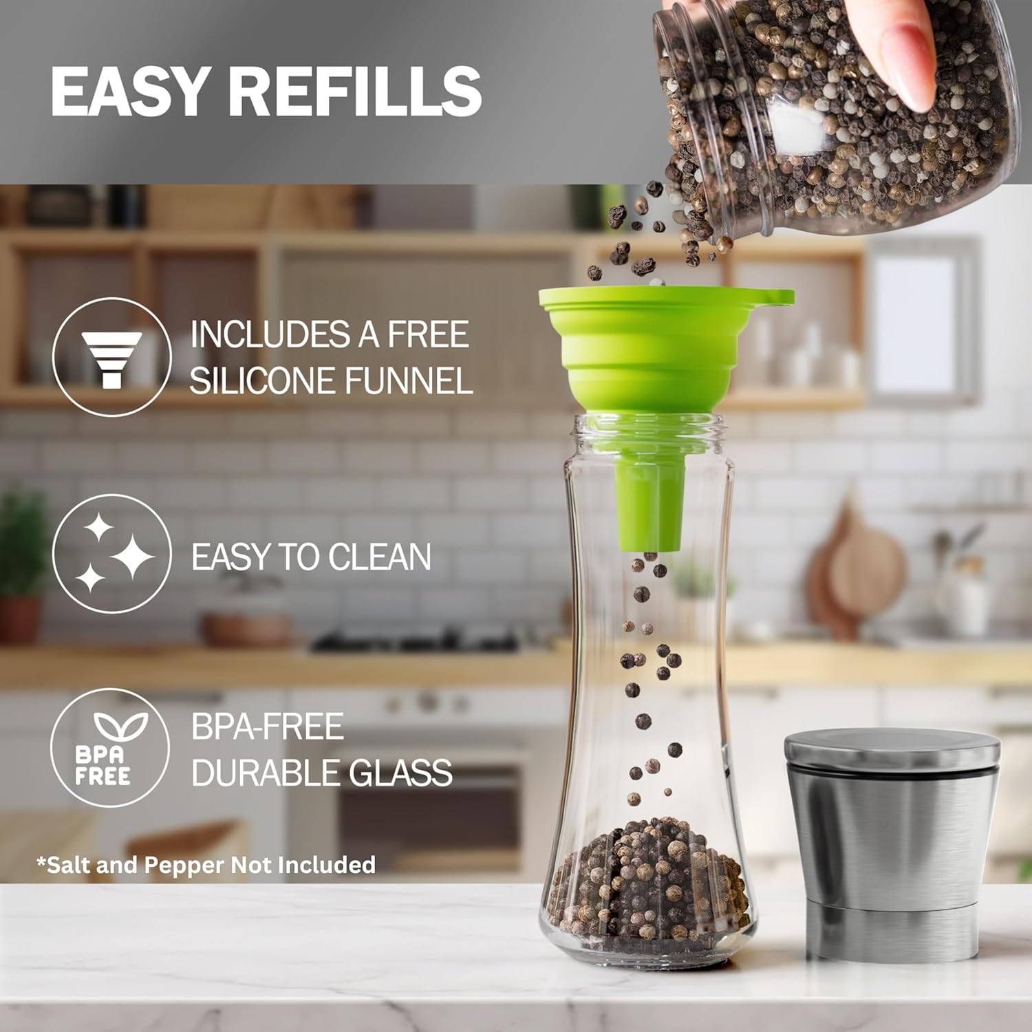 Salt & Pepper Grinder Set – Adjustable Ceramic, Glass Shakers, Funnel Included