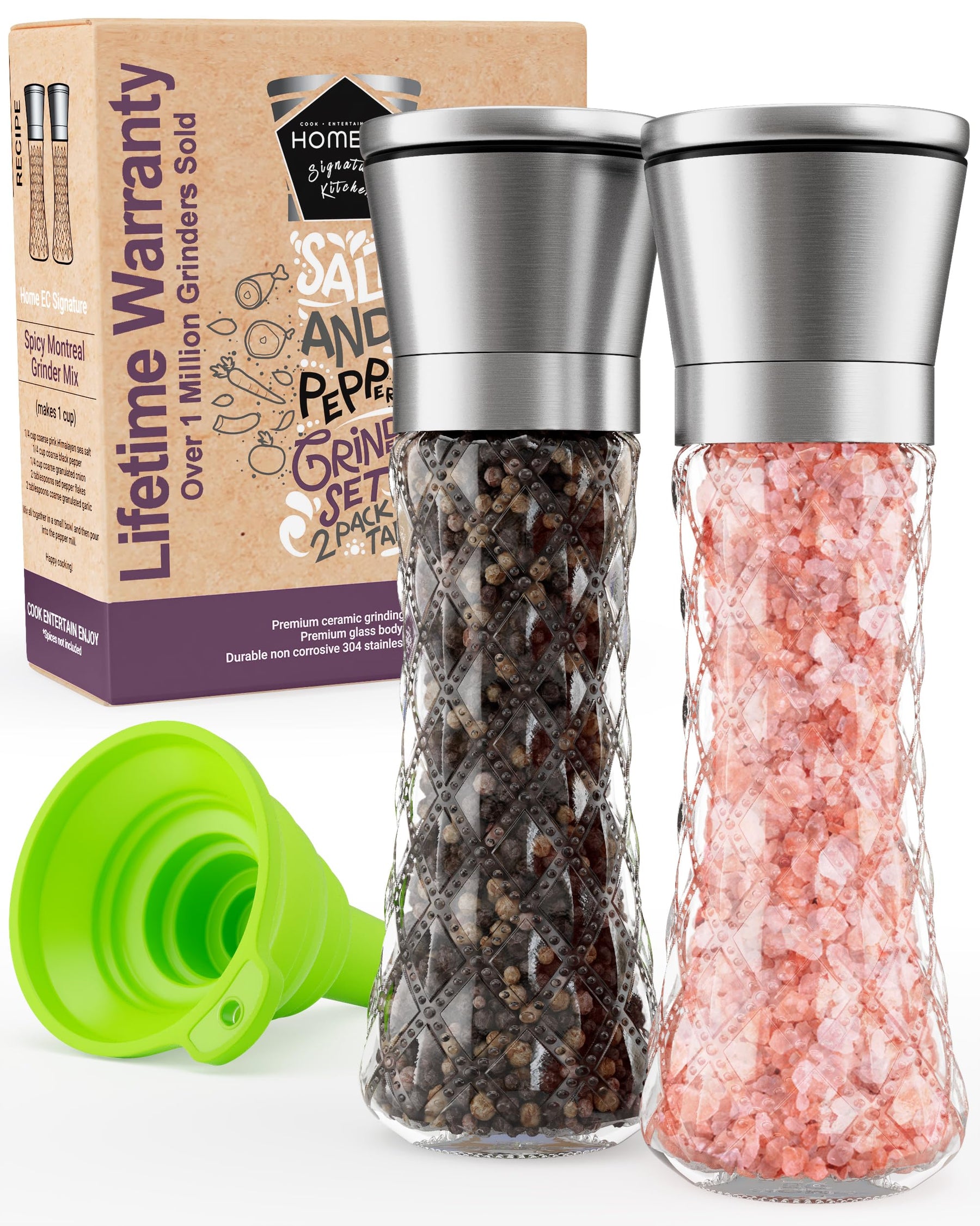 Salt & Pepper Grinder Set – Adjustable Ceramic, Glass Shakers, Funnel Included