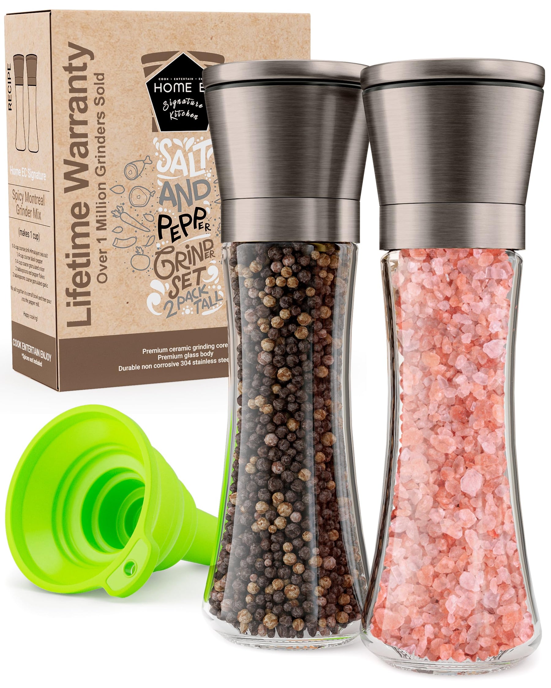 Salt & Pepper Grinder Set – Adjustable Ceramic, Glass Shakers, Funnel Included
