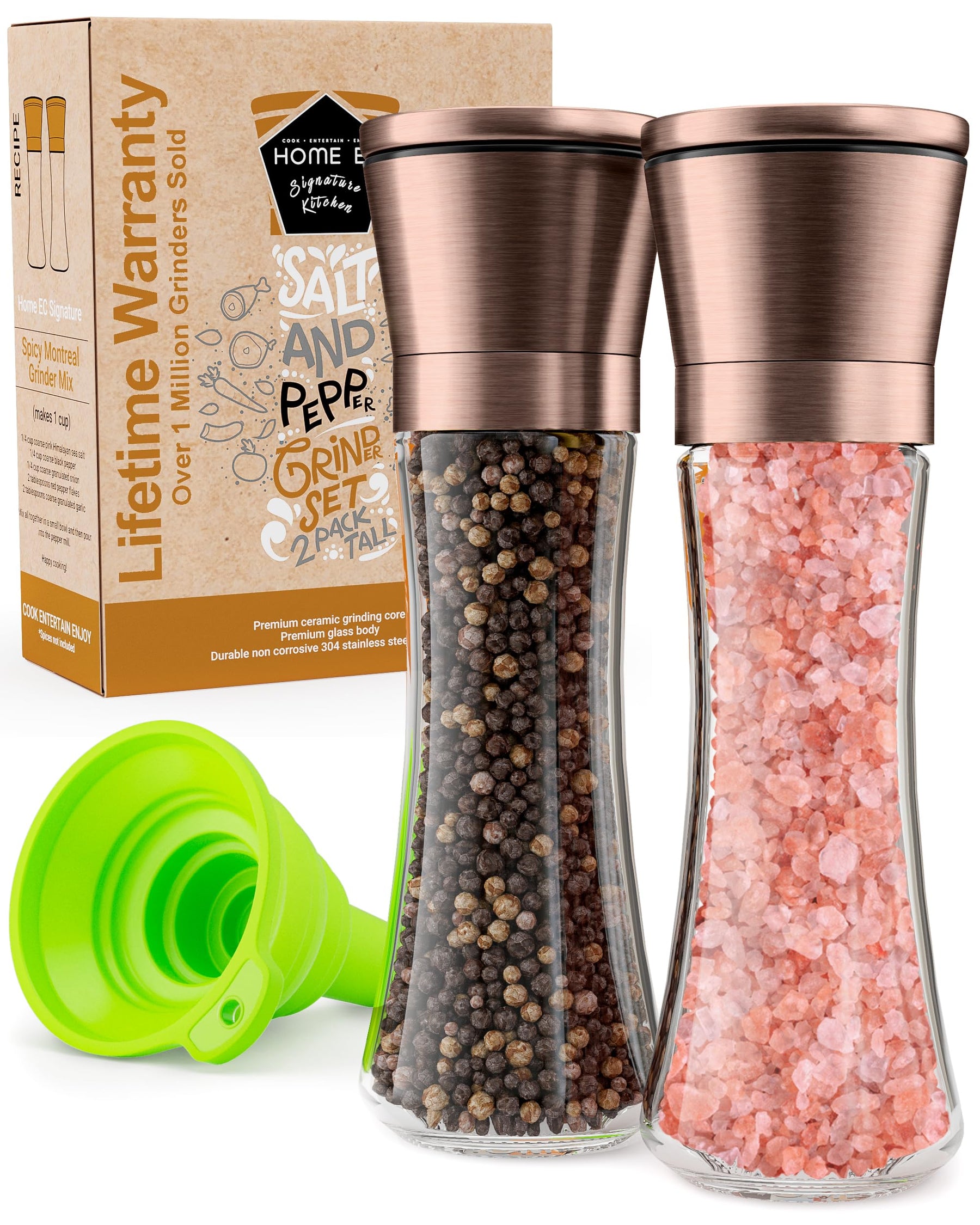 Salt & Pepper Grinder Set – Adjustable Ceramic, Glass Shakers, Funnel Included