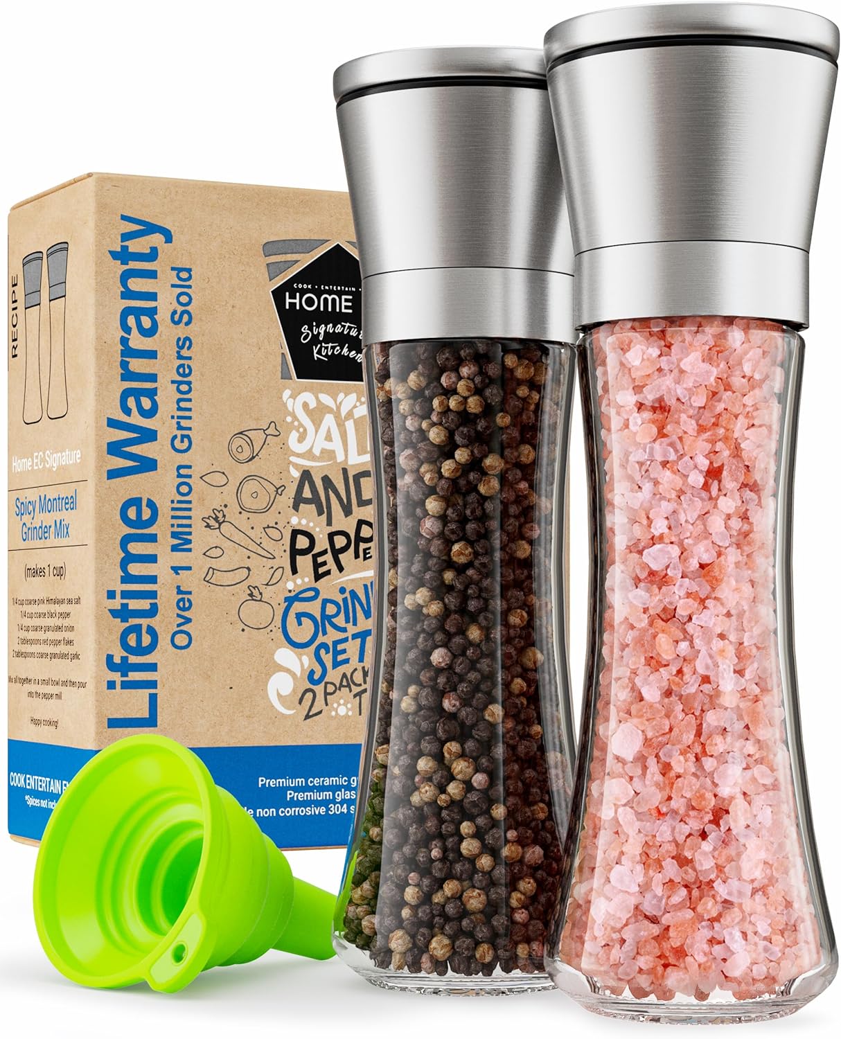 Salt & Pepper Grinder Set – Adjustable Ceramic, Glass Shakers, Funnel Included