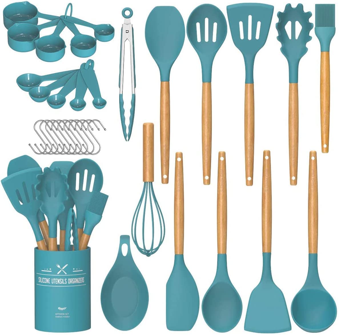 Silicone Kitchen Utensils Set – 33PCS Nonstick with Holder, Wooden Handles