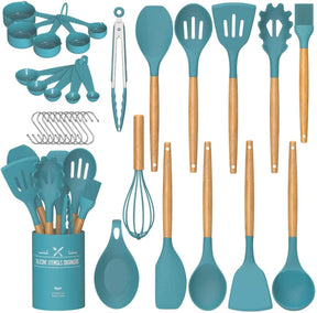 Silicone Kitchen Utensils Set – 33PCS Nonstick with Holder, Wooden Handles