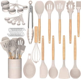 Silicone Kitchen Utensils Set – 33PCS Nonstick with Holder, Wooden Handles