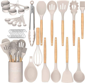 Silicone Kitchen Utensils Set – 33PCS Nonstick with Holder, Wooden Handles