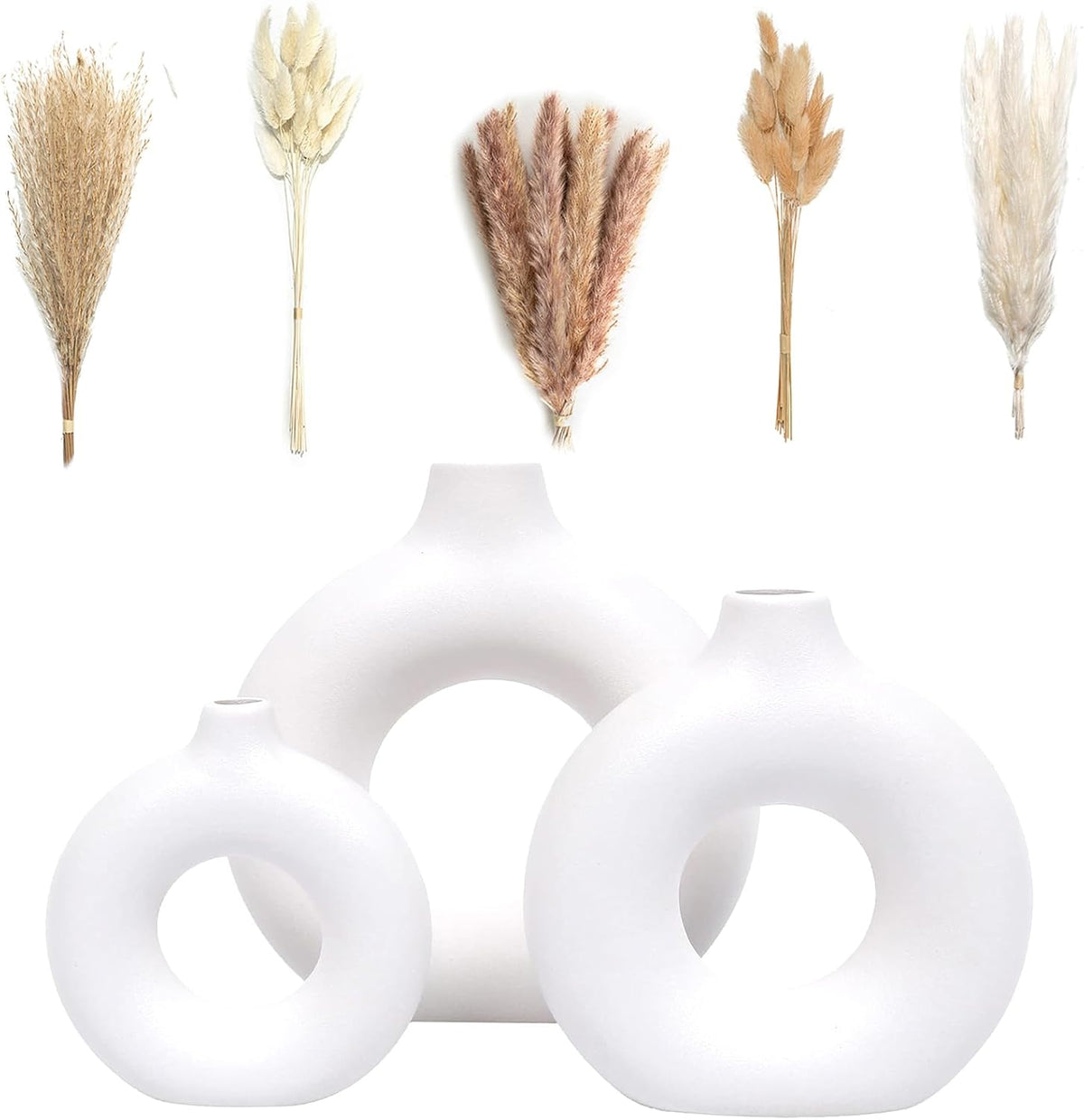Pampas Grass Vase Set – 3 White Vases + 65PCS Dried Flowers