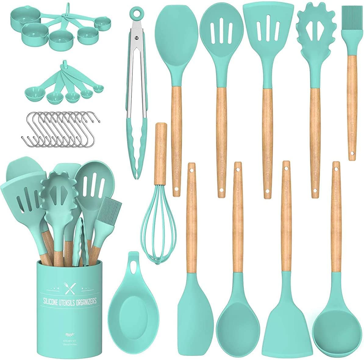 Silicone Kitchen Utensils Set – 33PCS Nonstick with Holder, Wooden Handles