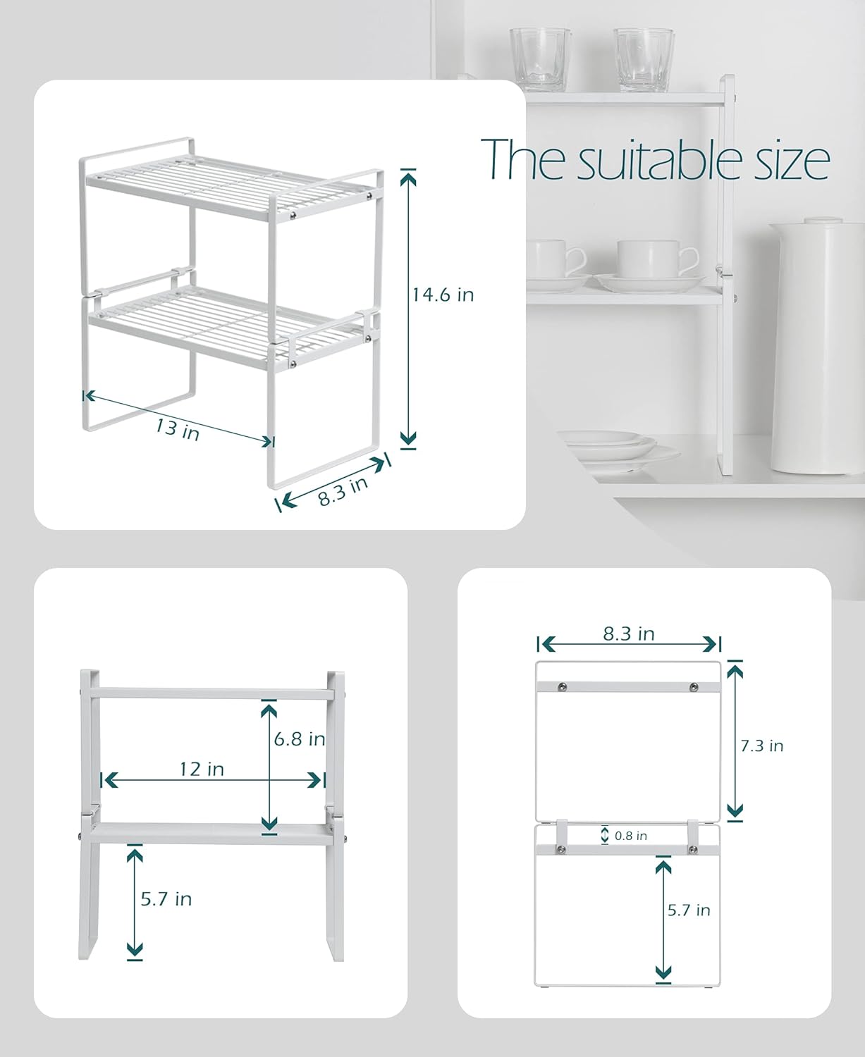 Stackable Shelf Organizers – 2-Pack Cabinet Counter Racks, White
