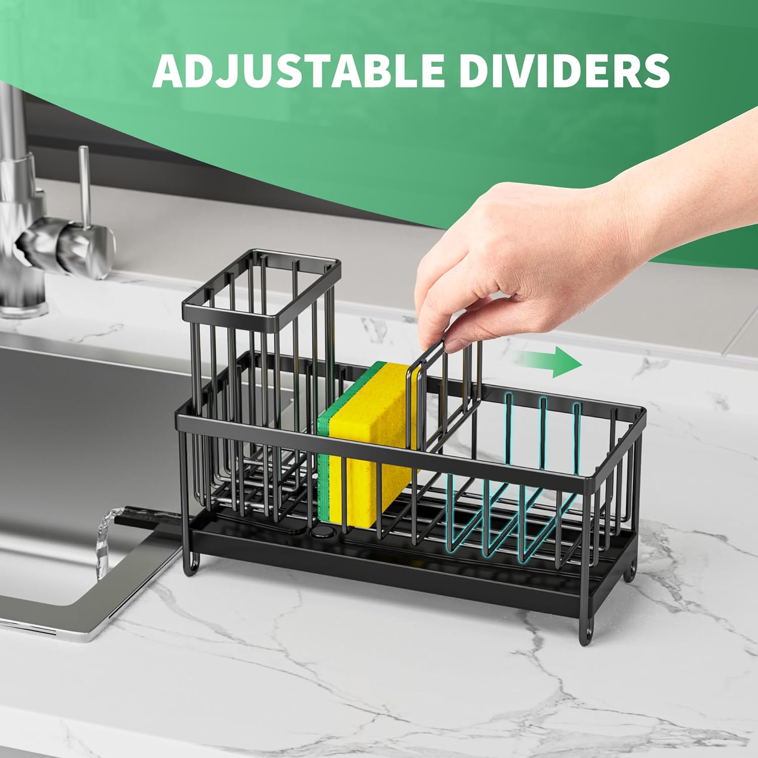 Sponge Holder with Brush Slot – Rustproof Stainless Steel Sink Caddy Organizer