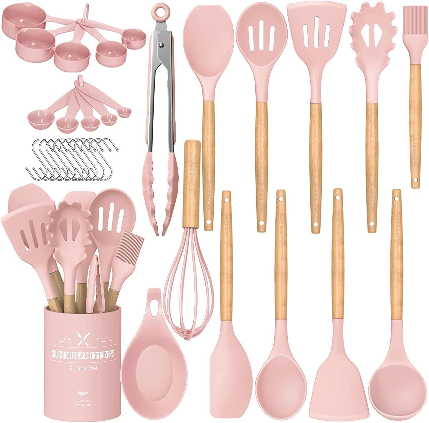 Silicone Kitchen Utensils Set – 33PCS Nonstick with Holder, Wooden Handles