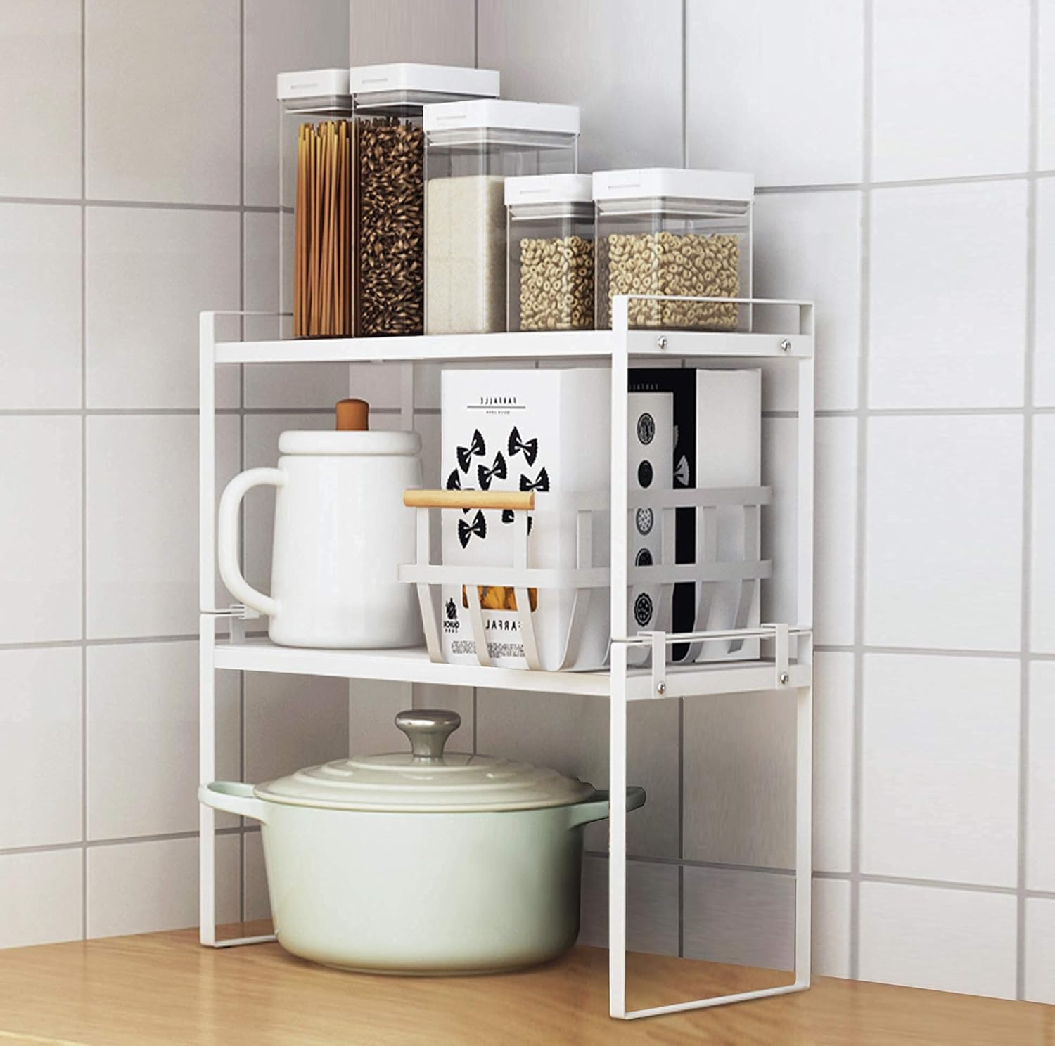 Stackable Shelf Organizers – 2-Pack Cabinet Counter Racks, White