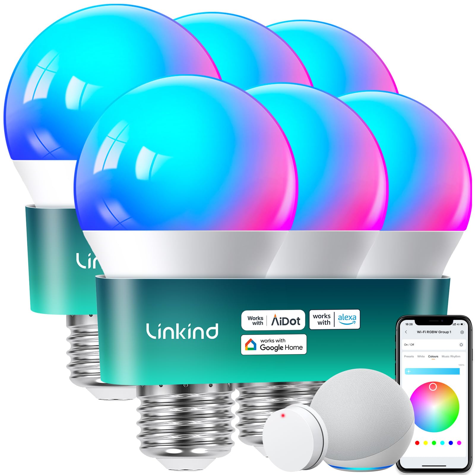 Smart LED Light Bulbs – Wi-Fi, 64 Scenes, Music Sync, 4-Pack