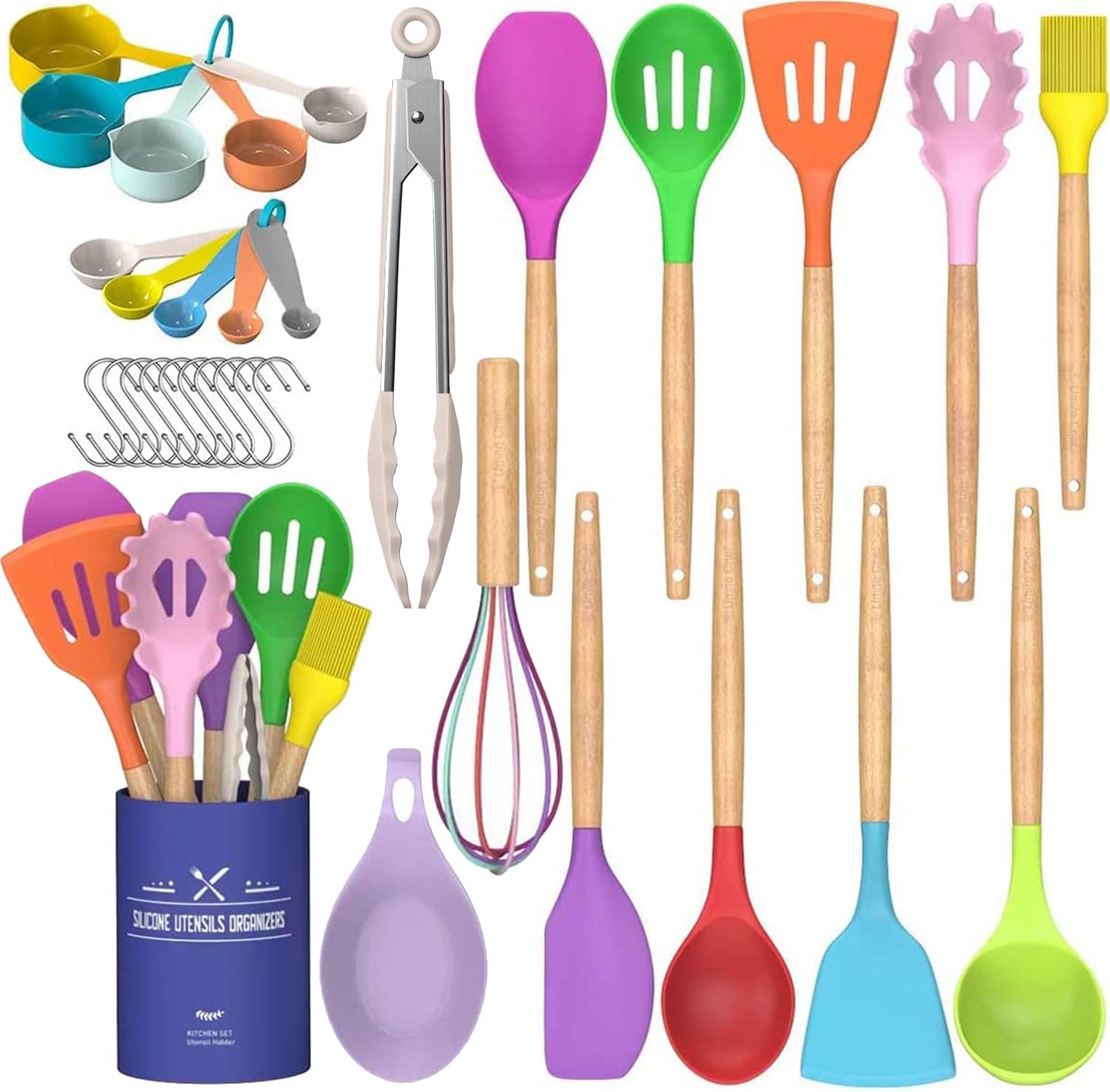 Silicone Kitchen Utensils Set – 33PCS Nonstick with Holder, Wooden Handles