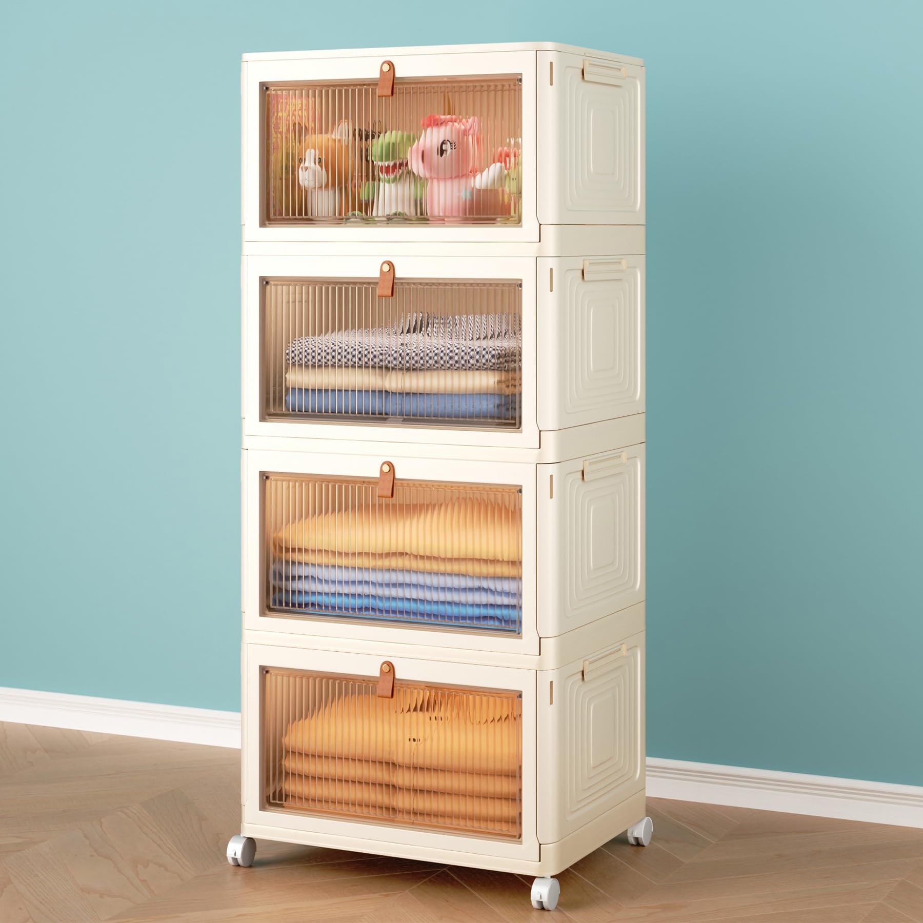 Stackable Storage Bins – 4-Tier with Lids & Wheels, Foldable Plastic Boxes