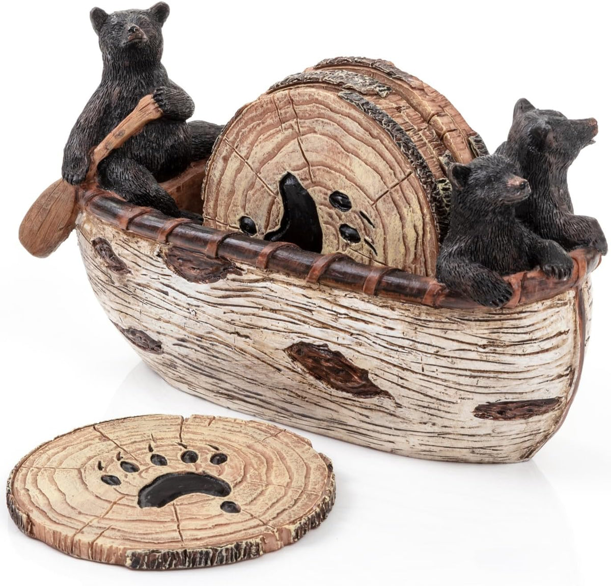 Rustic Bear Coasters – Set of 6 with Canoe Holder & Figurines