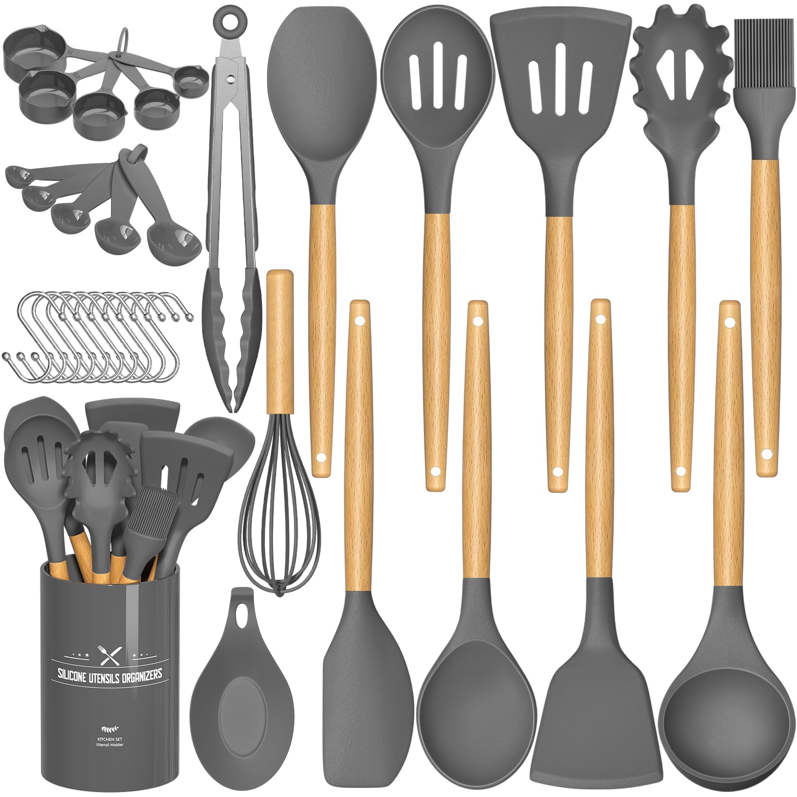 Silicone Kitchen Utensils Set – 33PCS Nonstick with Holder, Wooden Handles