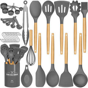 Silicone Kitchen Utensils Set – 33PCS Nonstick with Holder, Wooden Handles