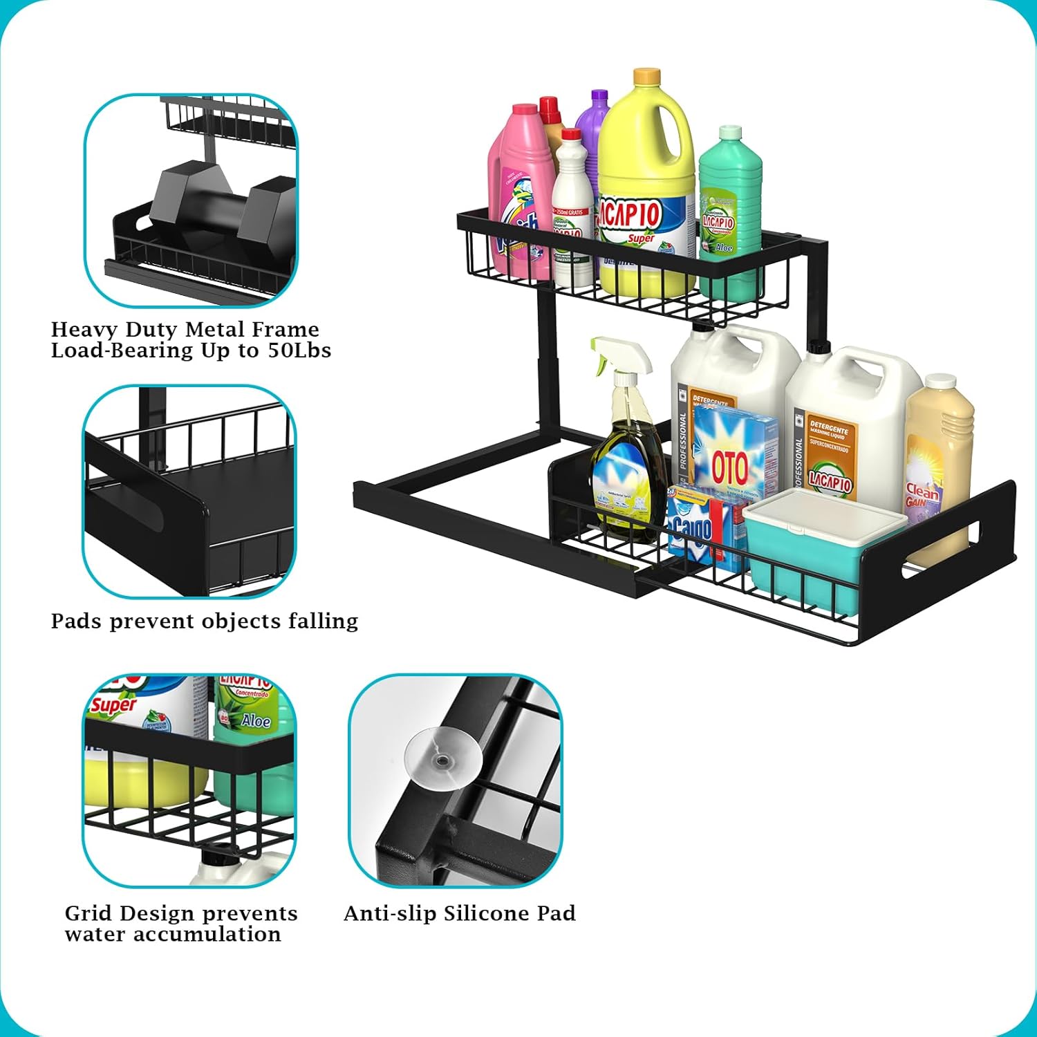 Under Sink Organizer – 2-Tier Sliding Shelf, Black