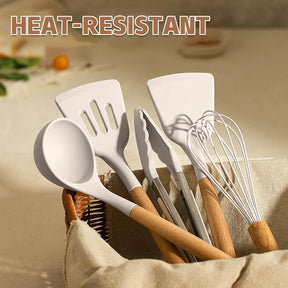 Silicone Kitchen Utensils Set – 33PCS Nonstick with Holder, Wooden Handles