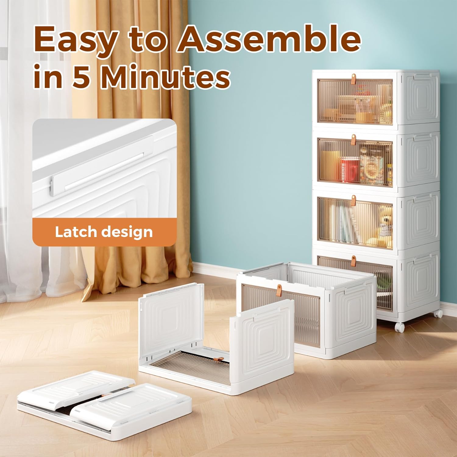 Stackable Storage Bins – 4-Tier with Lids & Wheels, Foldable Plastic Boxes