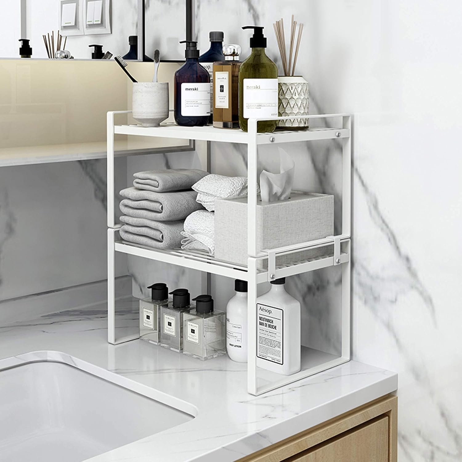 Stackable Shelf Organizers – 2-Pack Cabinet Counter Racks, White