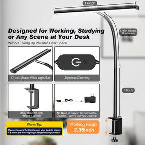 LED Desk Lamp – Dimmable, Flexible Gooseneck, Clamp Base