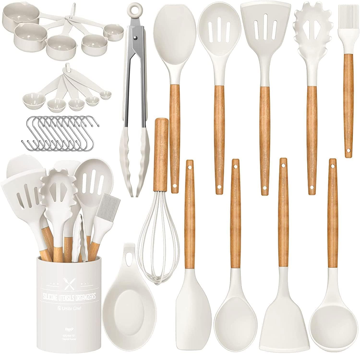 Silicone Kitchen Utensils Set – 33PCS Nonstick with Holder, Wooden Handles