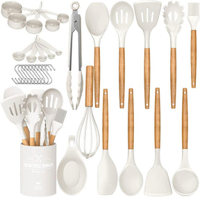 Silicone Kitchen Utensils Set – 33PCS Nonstick with Holder, Wooden Handles