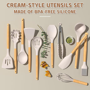 Silicone Kitchen Utensils Set – 33PCS Nonstick with Holder, Wooden Handles