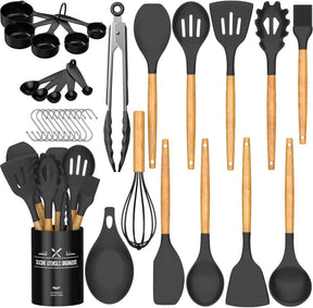 Silicone Kitchen Utensils Set – 33PCS Nonstick with Holder, Wooden Handles