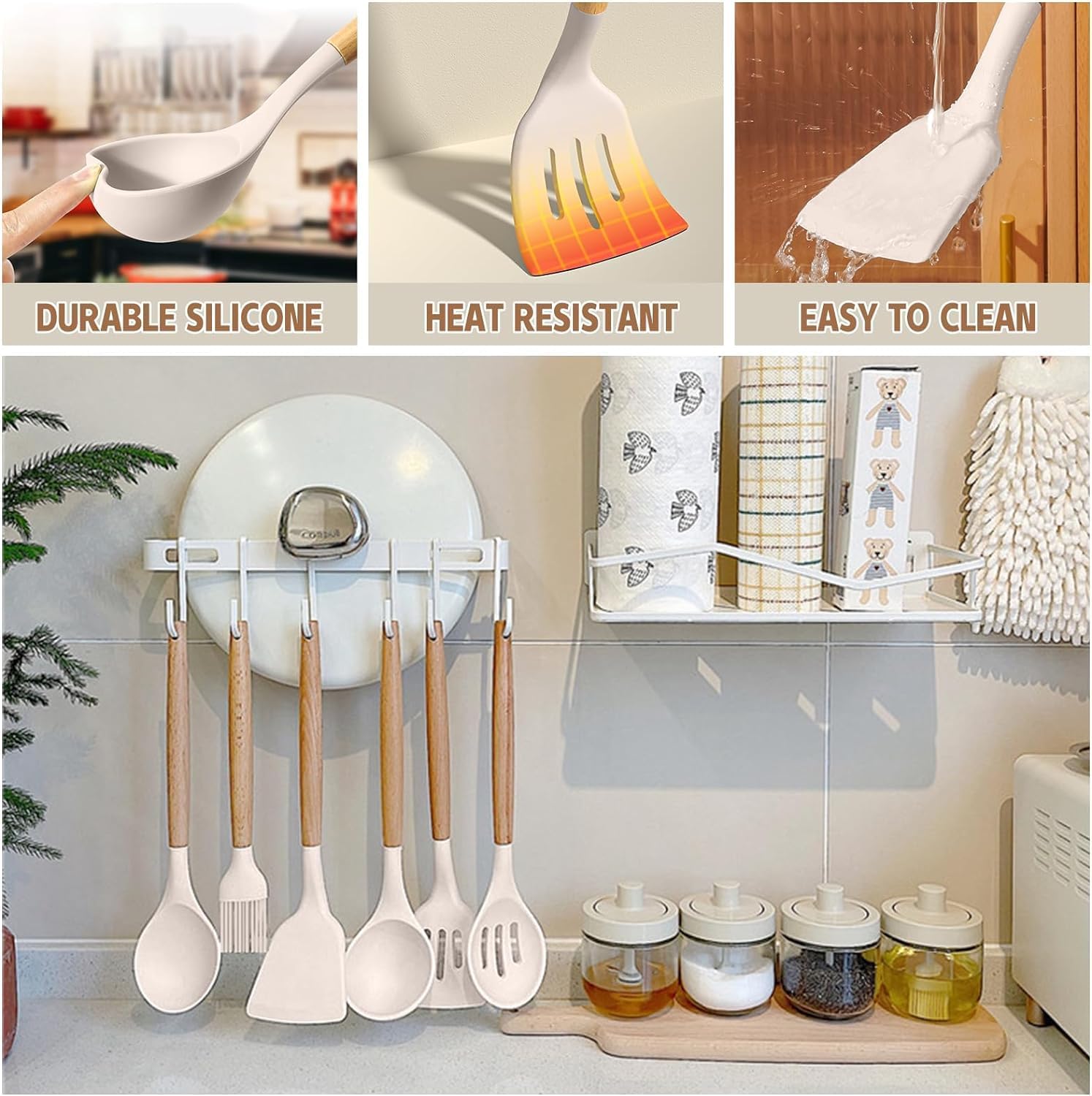 Silicone Kitchen Utensils Set – 33PCS Nonstick with Holder, Wooden Handles
