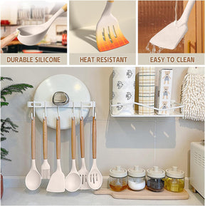 Silicone Kitchen Utensils Set – 33PCS Nonstick with Holder, Wooden Handles