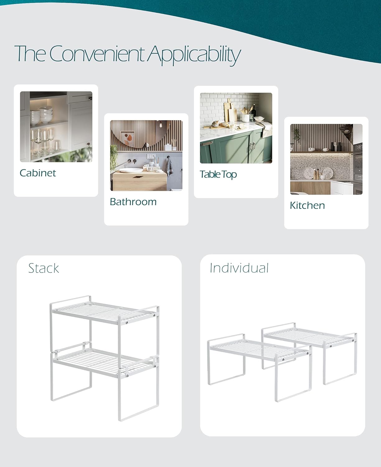 Stackable Shelf Organizers – 2-Pack Cabinet Counter Racks, White