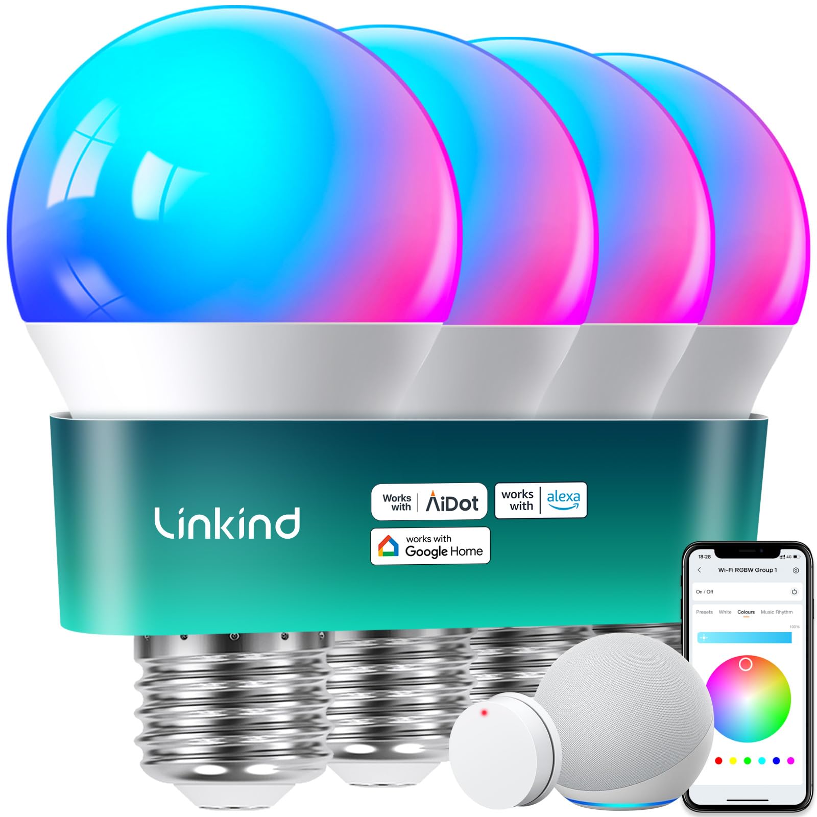 Smart LED Light Bulbs – Wi-Fi, 64 Scenes, Music Sync, 4-Pack