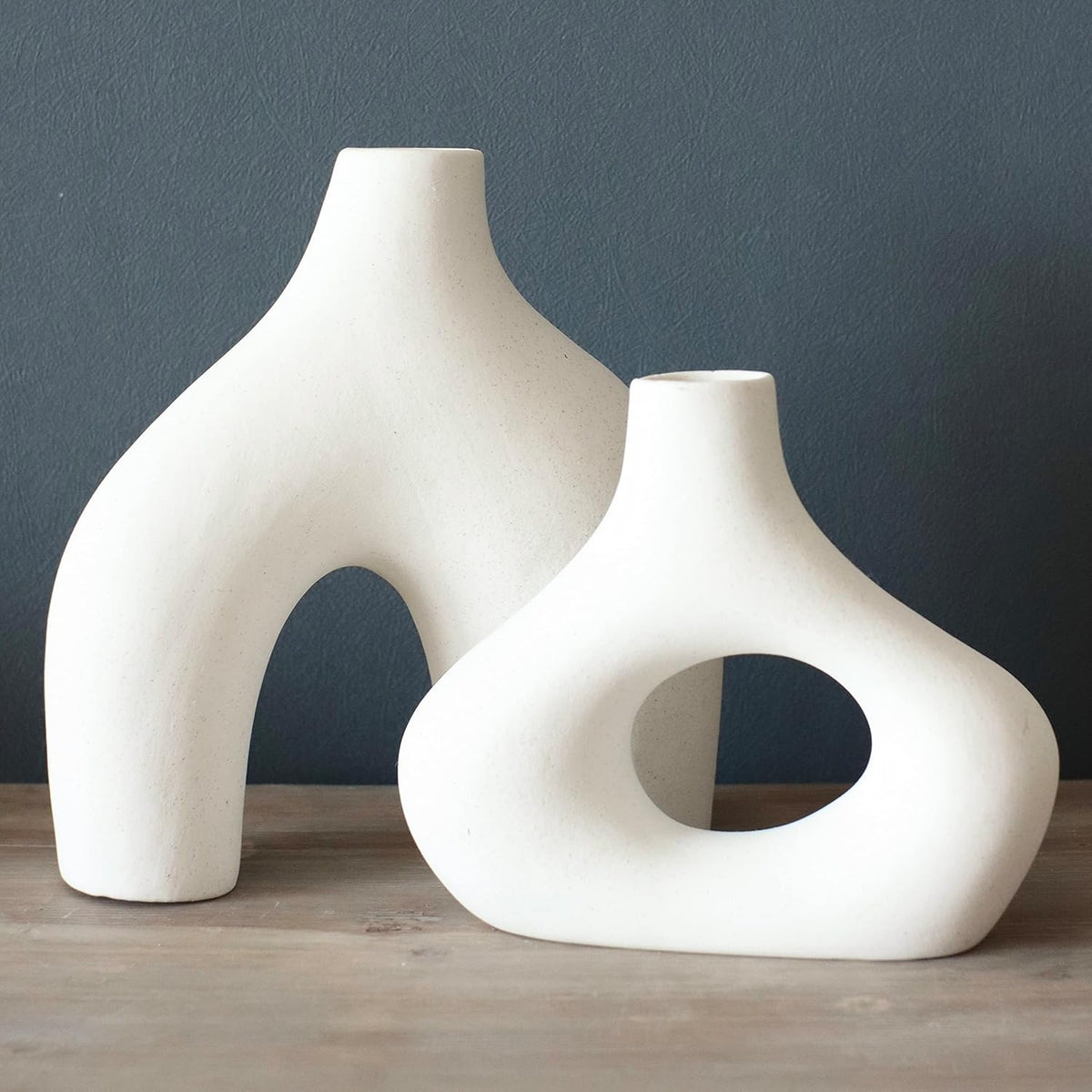 Donut Vase Set – 2 White Ceramic Modern Vases, Minimalist Decor