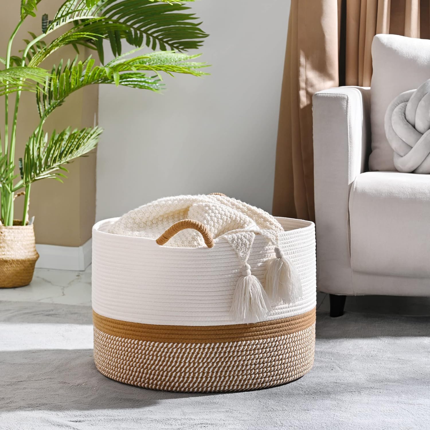 Woven Blanket Basket – 20"x13" Cotton Rope, Storage for Pillows or Toys