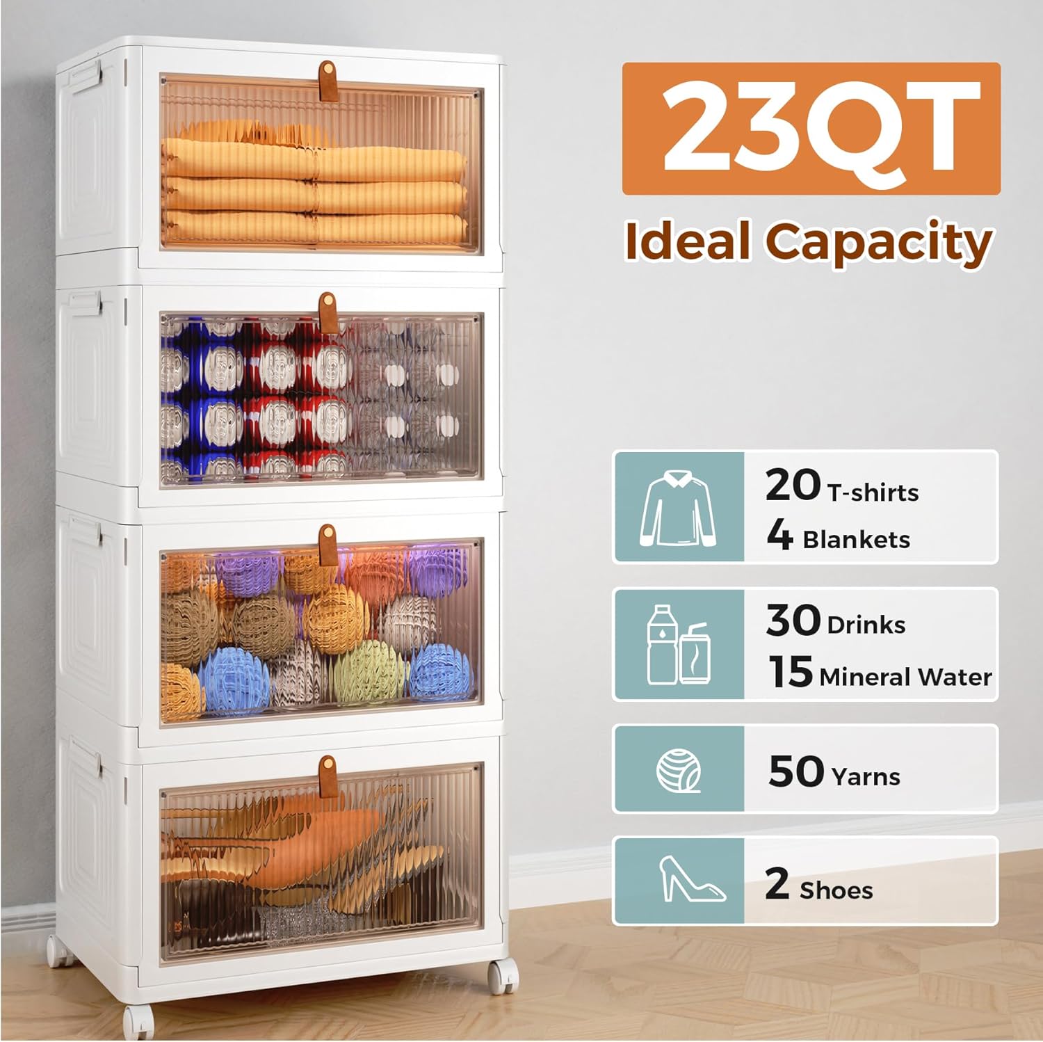 Stackable Storage Bins – 4-Tier with Lids & Wheels, Foldable Plastic Boxes