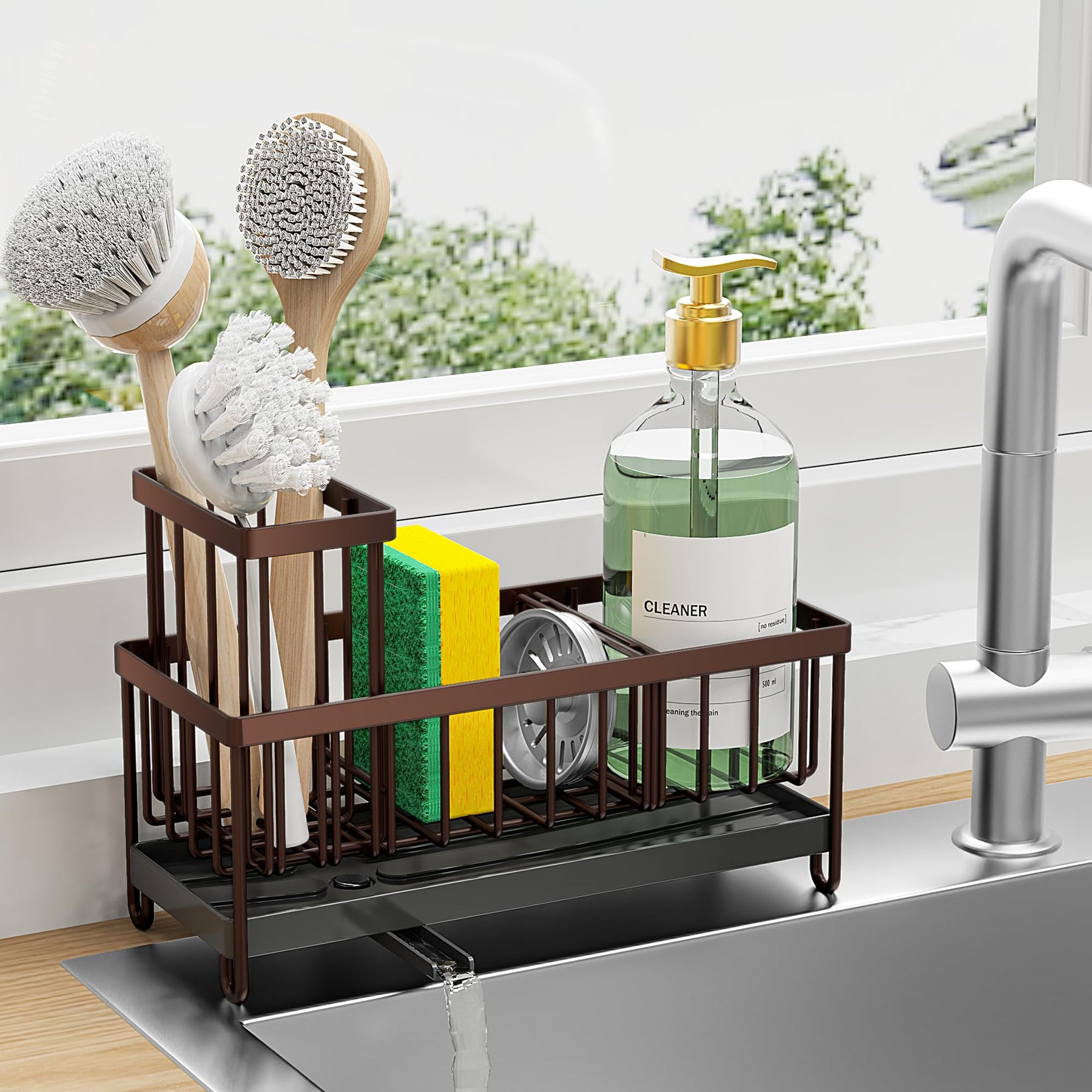Sponge Holder with Brush Slot – Rustproof Stainless Steel Sink Caddy Organizer