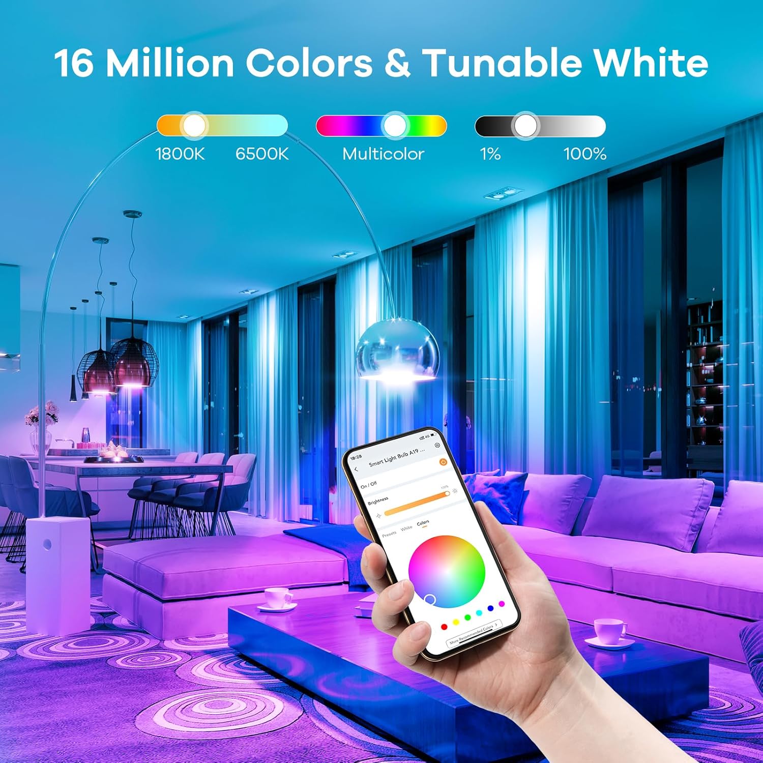 Smart LED Light Bulbs – Wi-Fi, 64 Scenes, Music Sync, 4-Pack