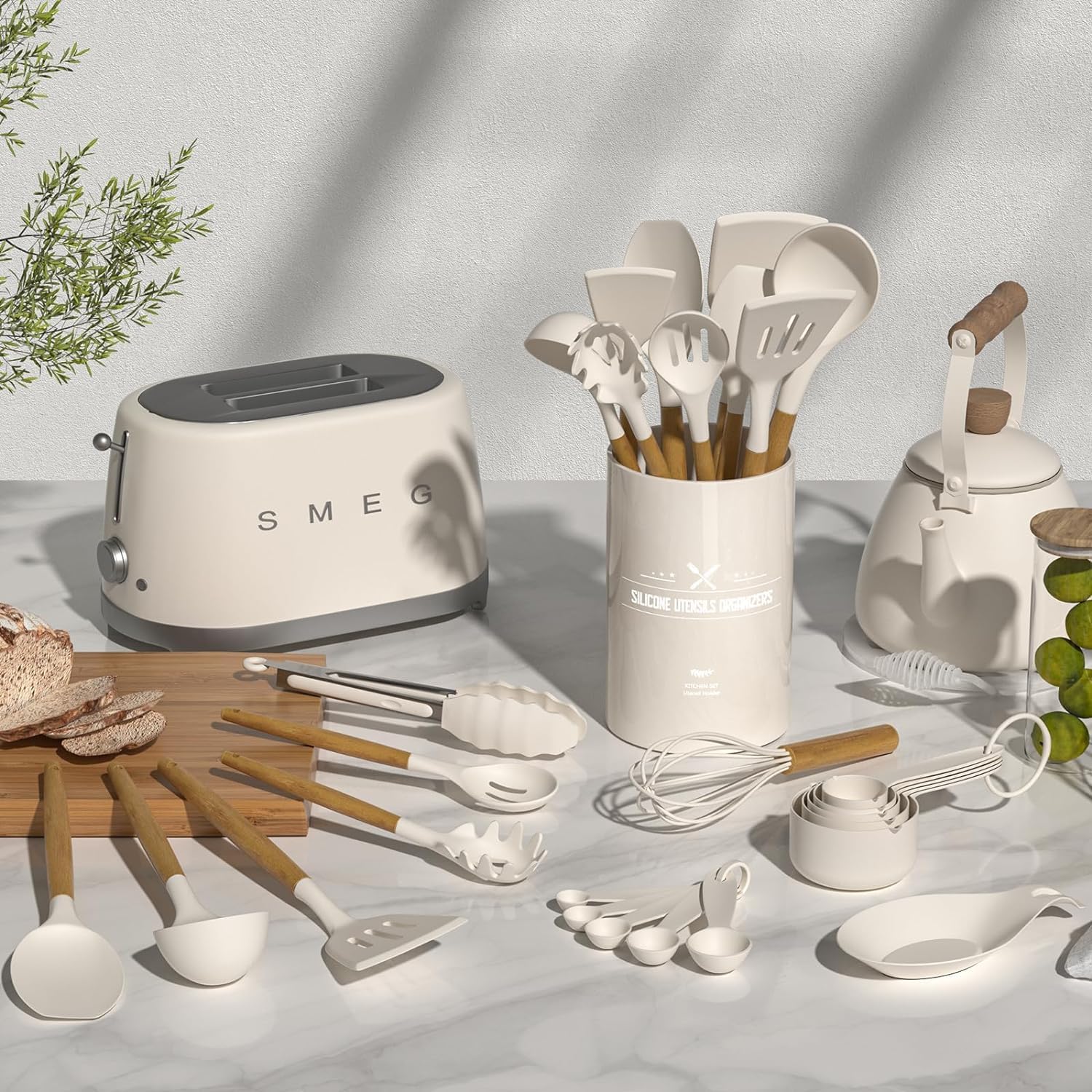 Silicone Kitchen Utensils Set – 33PCS Nonstick with Holder, Wooden Handles