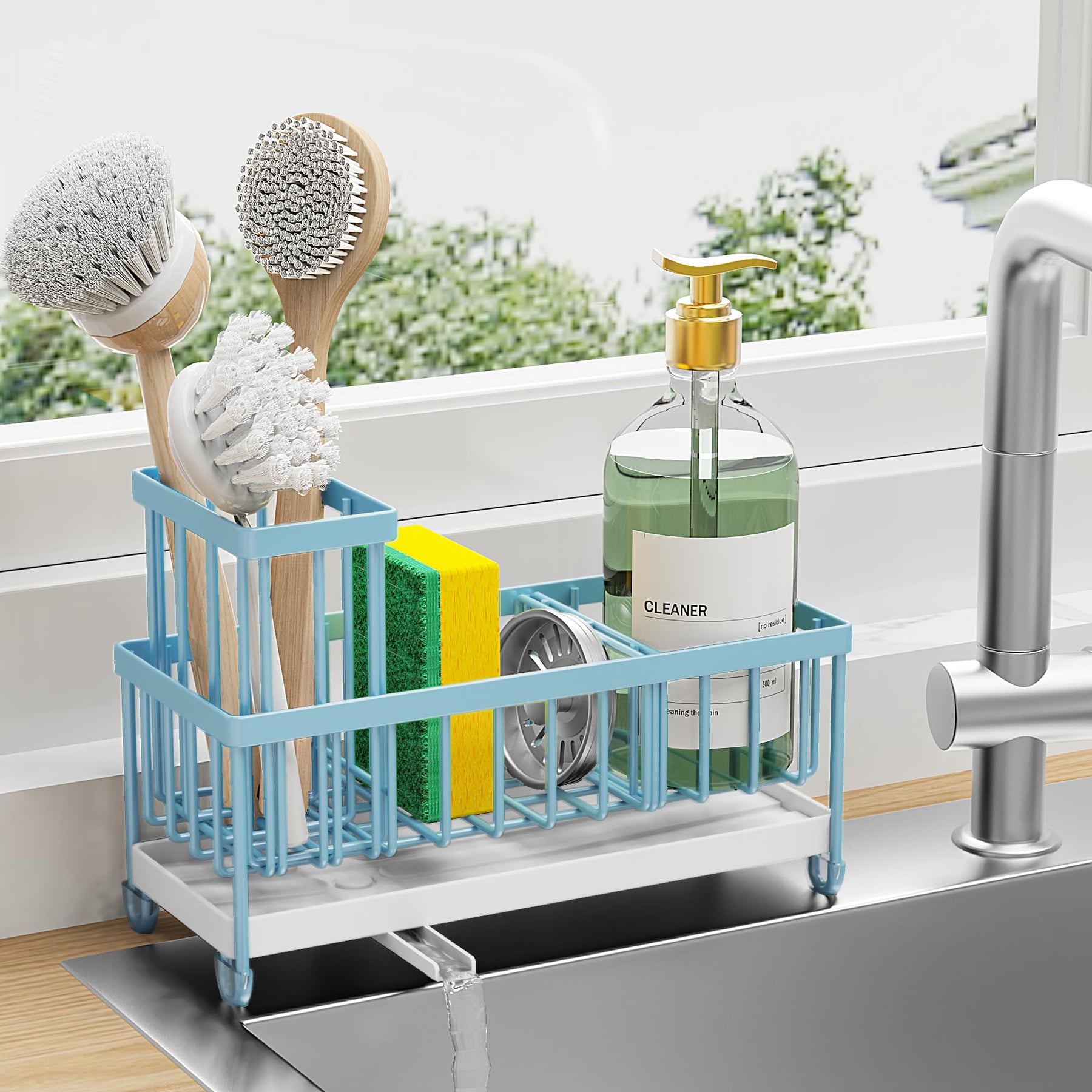 Sponge Holder with Brush Slot – Rustproof Stainless Steel Sink Caddy Organizer