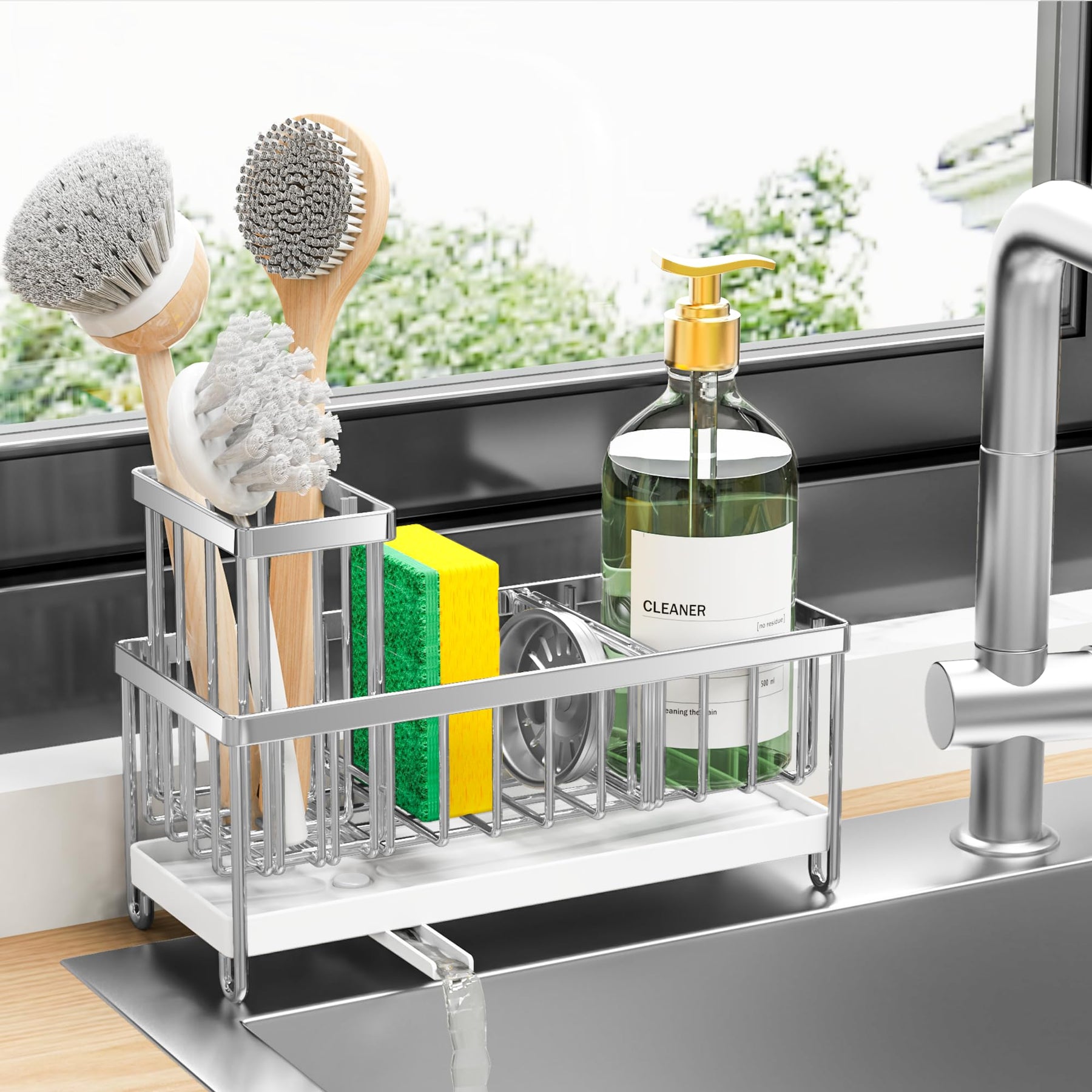 Sponge Holder with Brush Slot – Rustproof Stainless Steel Sink Caddy Organizer