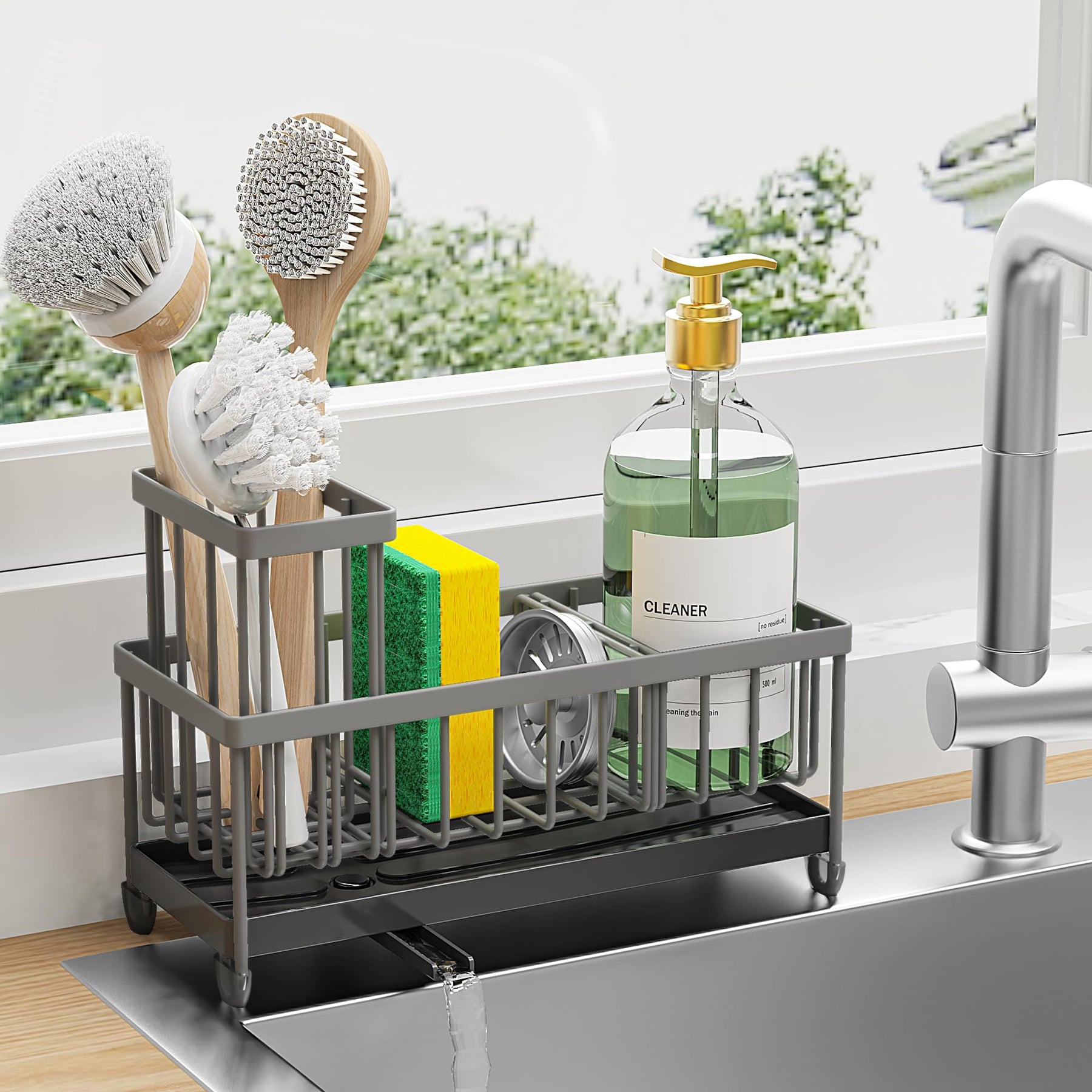 Sponge Holder with Brush Slot – Rustproof Stainless Steel Sink Caddy Organizer