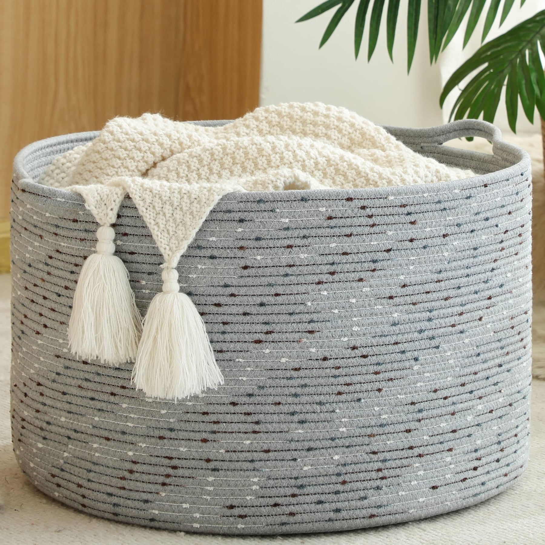Woven Blanket Basket – 20"x13" Cotton Rope, Storage for Pillows or Toys