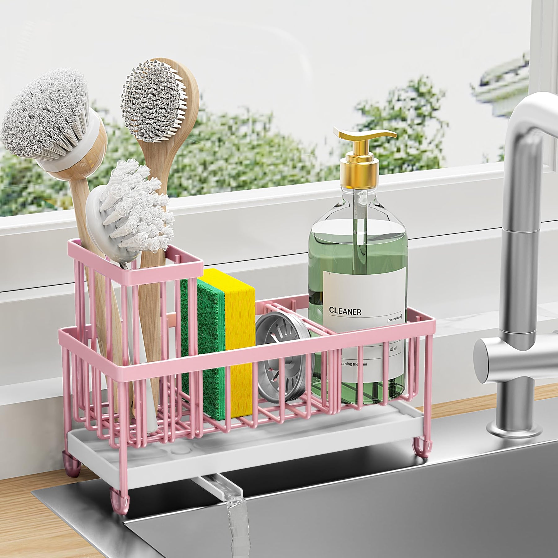 Sponge Holder with Brush Slot – Rustproof Stainless Steel Sink Caddy Organizer